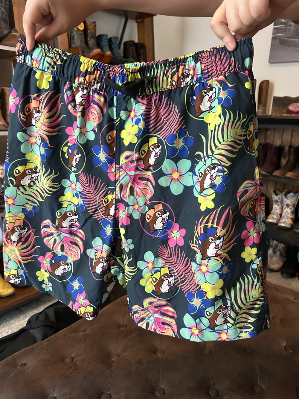 Men's Black Tropical Print Athletic Shorts with Colorful Floral & Cartoon Motif